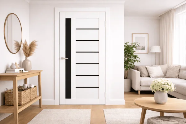 Cortex Deco 09 Interior Door – White Emalex Finish with Black Glass