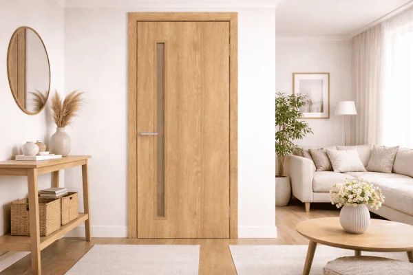Techno T01 Interior Door – Savannah Oak Finish with Vertical Glass Insert